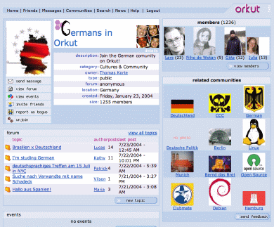 Bildschirmfoto der Community ‚Germans in Orkut‘. Zu sehen sind eine Beschreibung der Community, die letzten Themen im Diskussionsforum, ein Teil der Mitglieder und verwandte Gemeinschaften wie ‚Deutschland‘, ‚Berlin‘ oder ‚Hamburg‘.