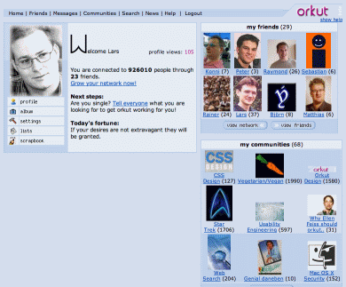 Bildschirmfoto meiner Mitgliedsseite in Orkut. Besonders interessant ist die Übersicht meiner zuletzt online gewesenen Freunde und eine Auswahl meiner Communities.