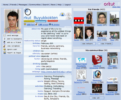 Bildschirmfoto von Orkut Buyukkoktens Profil in Orkut.com. Neben dem Profil mit persönlichen Angaben werden auch ein Teil seiner Freune und einige seiner Communities angezeigt.